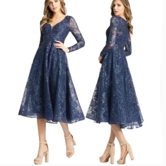 MAC DUGGAL 20286 EMBELLISHED PLUNGE NECK ILLUSIONS LONG SLEEVE MIDI DRESS sz 10 - Picture 8 of 8